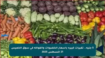 5 جنيه.. تغيرات كبيرة بأسعار الخضروات والفواكه في سوق الخميس 21 أغسطس 2025